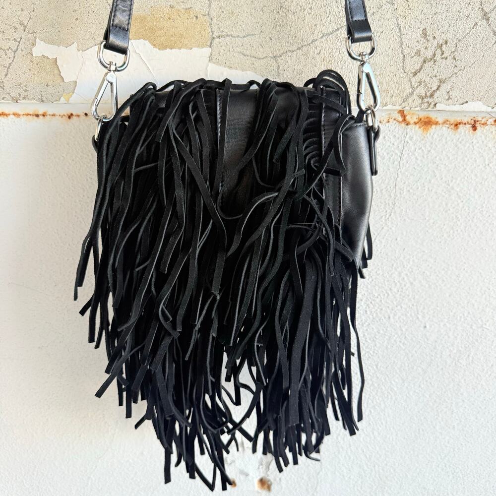 Vtg Fringe Leather Crossbody‎ Bag Y2K Joseph B Black Boho Festival Suede Purse - Picture 13 of 13